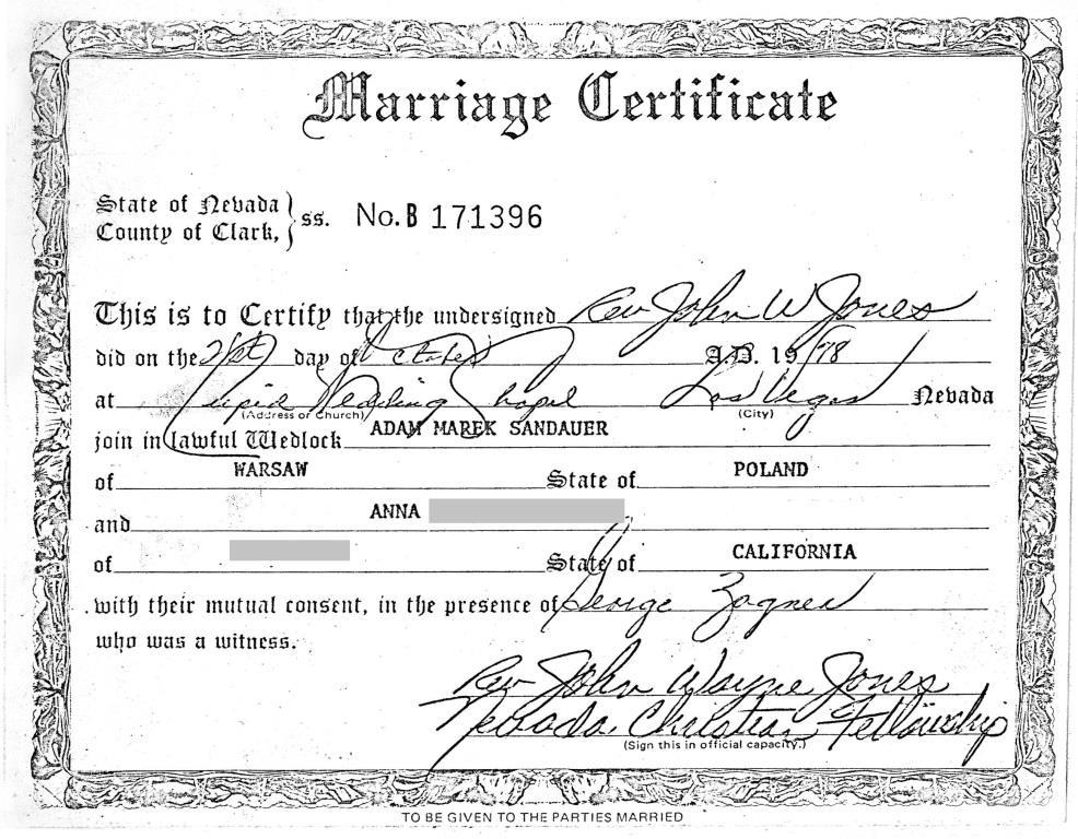 akt zawarcia małżeństwa w stanie Nevada